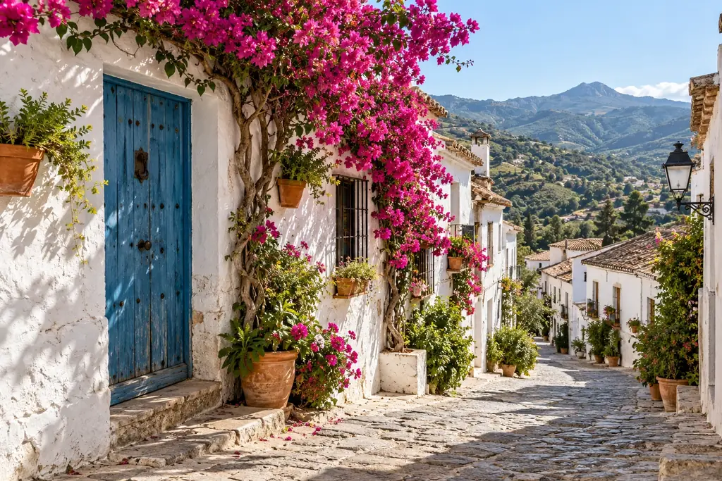 Weiße Dorfgasse mit blauer Tür und blühender Bougainvillea