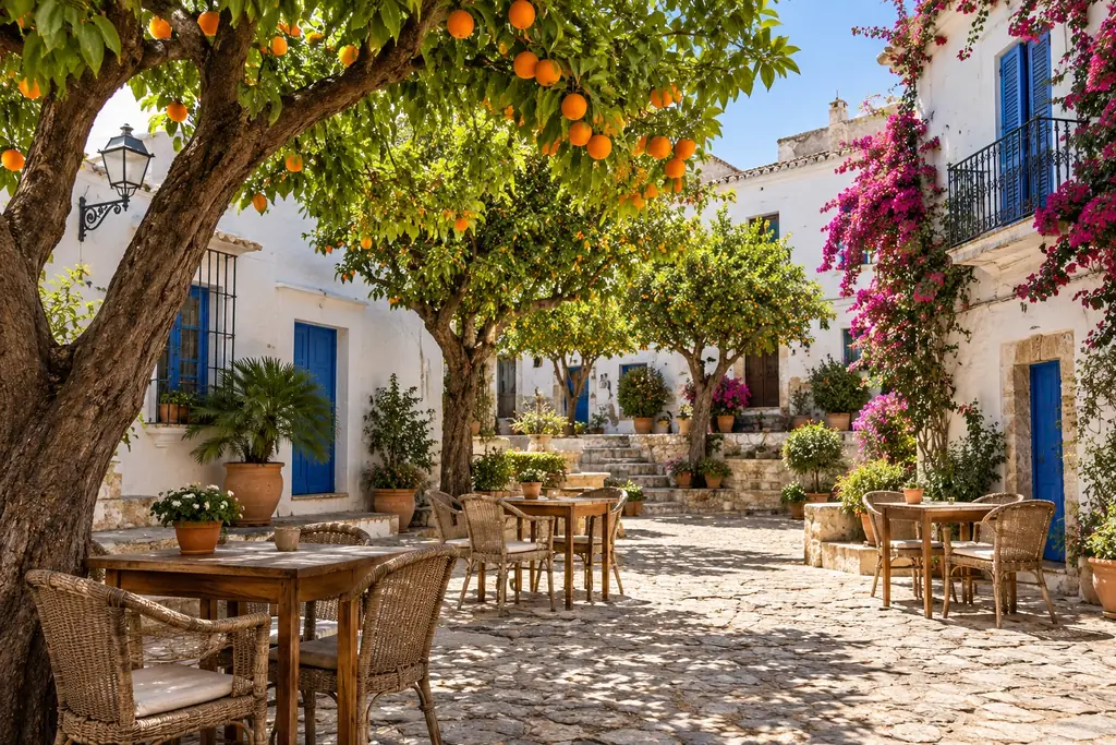 Sonniger Dorfplatz mit Orangenbäumen, weißen Häusern und Café-Tischen