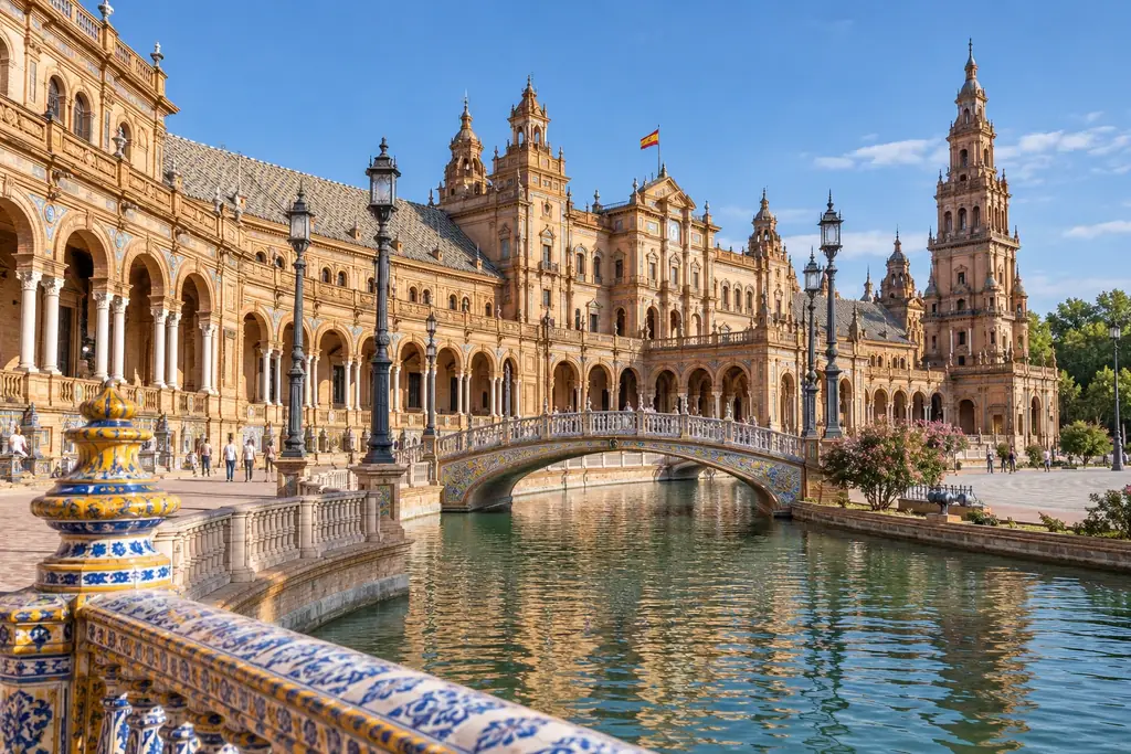 Keramikbrücke und historistische Architektur im Stil der Plaza de España