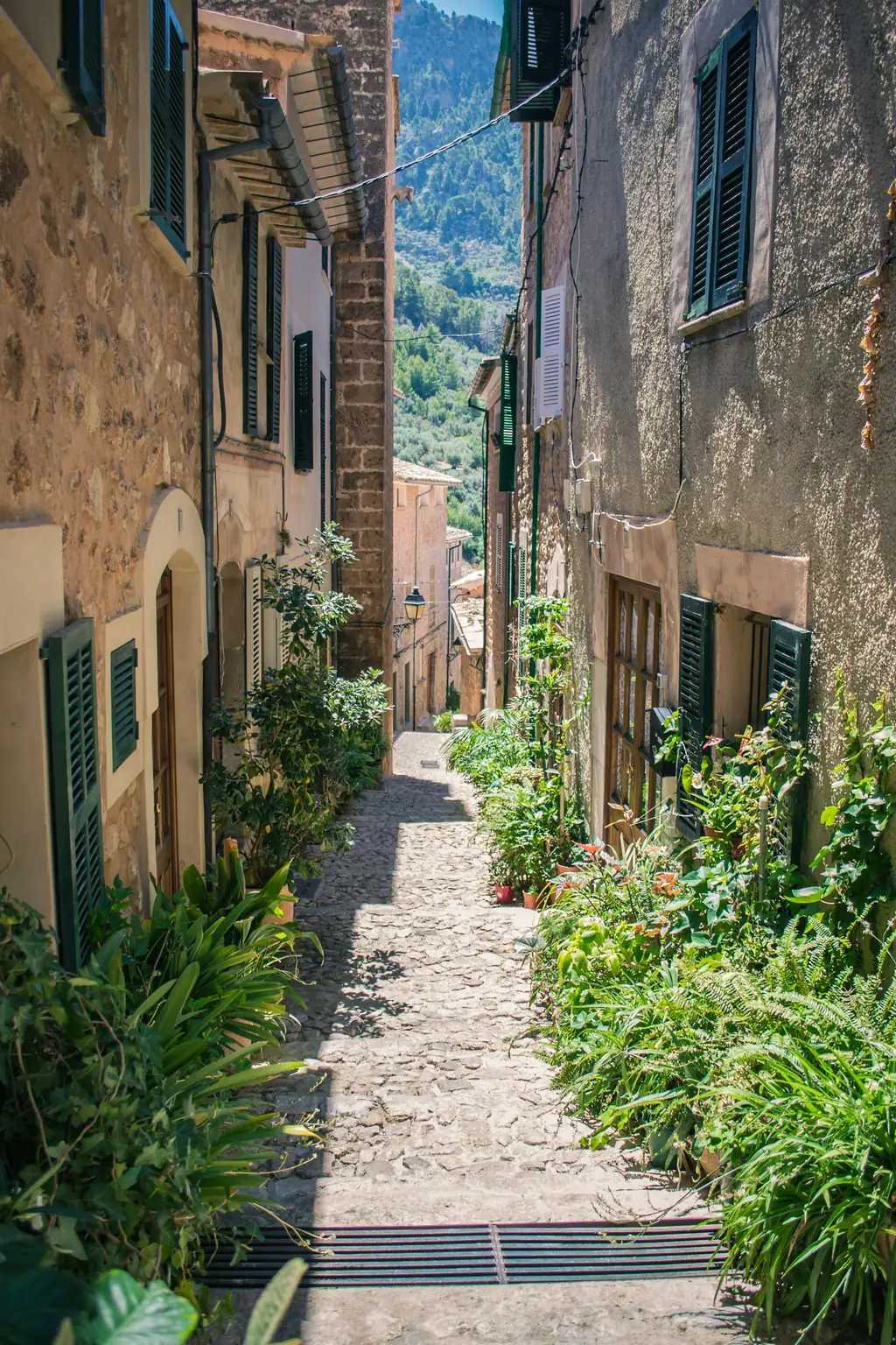 Schmale Gasse mit Pflanzen zwischen alten Steinhäusern