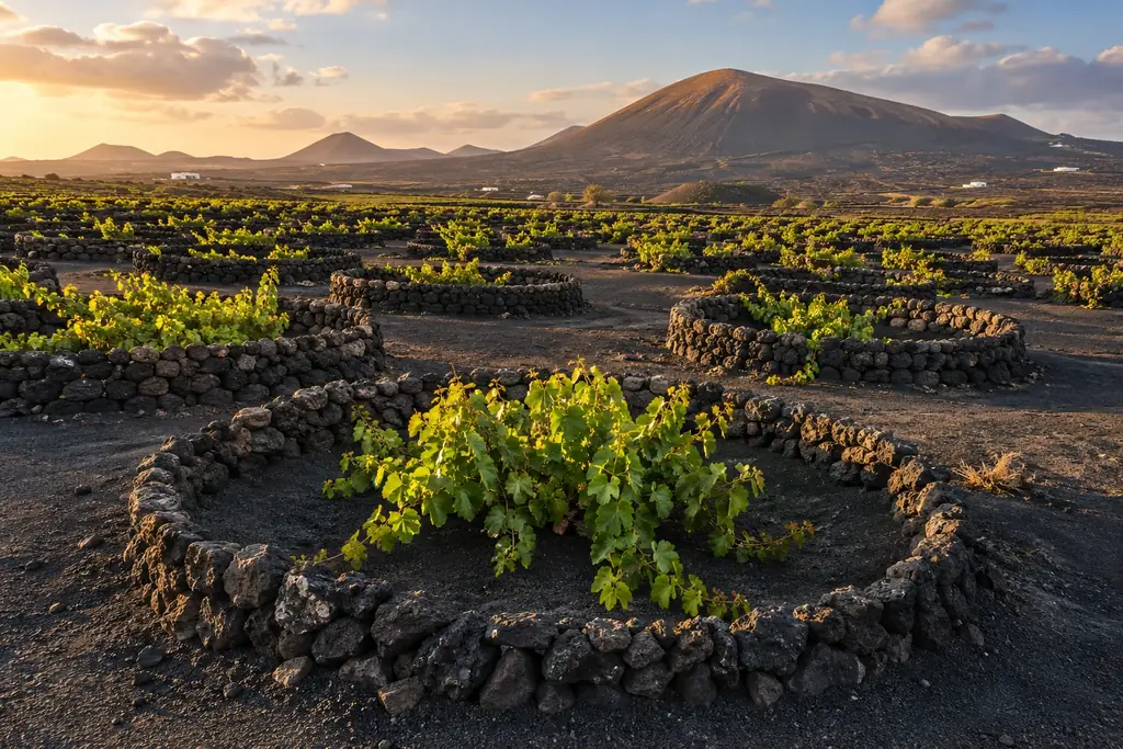 Weinreben in Mulden aus schwarzem Vulkanboden mit Steinmauern