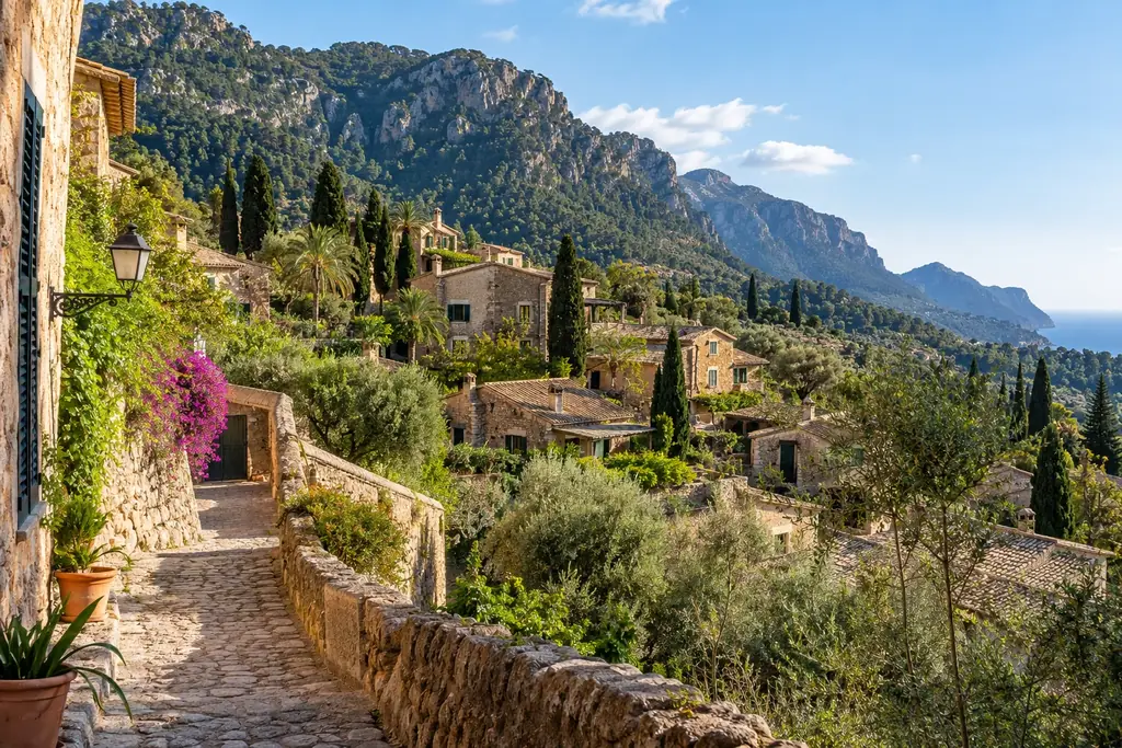 Steinhäuser und schmaler Weg in einem mediterranen Bergdorf