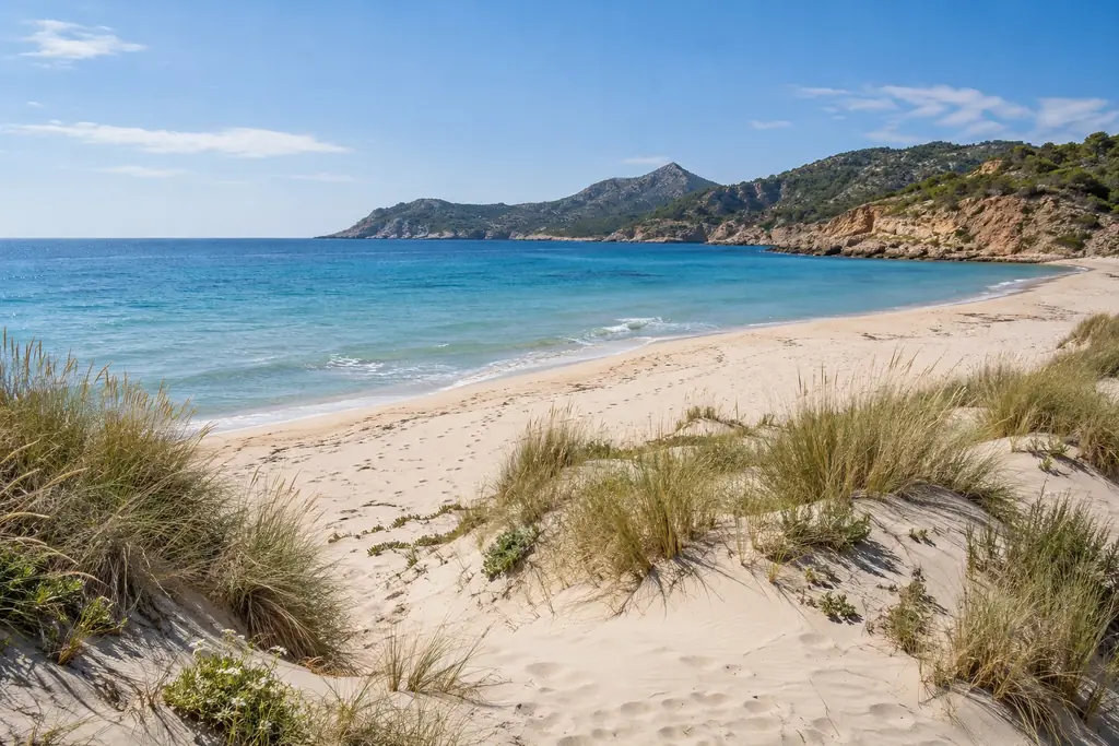 Ruhiger Sandstrand mit Dünengras und blauem Meer